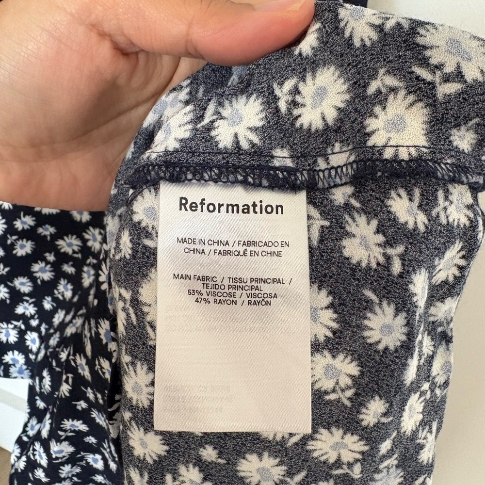 Reformation Navy and White Daisy Print Blouse